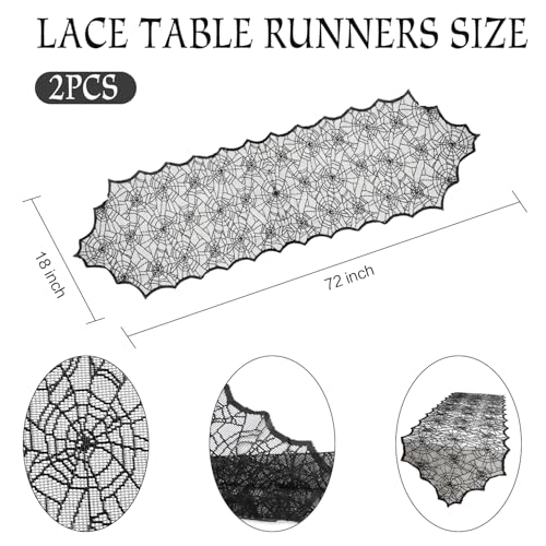 2 Pcs Halloween Lace Spider Web Table Runner - 18x72 Inches, Polyester, Black