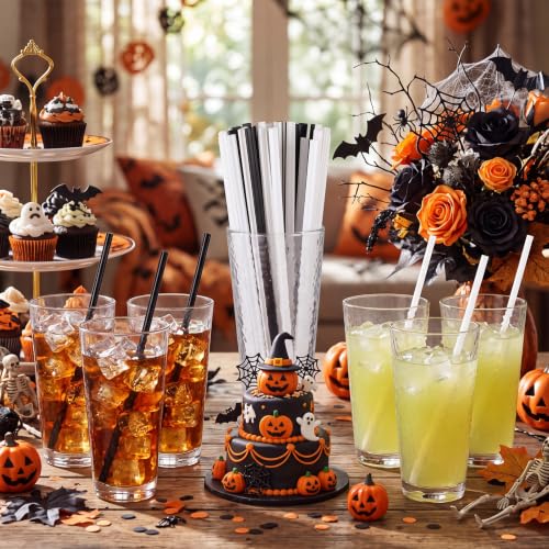 Halloween Ghost Shaped Plastic Drinking Straws - White & Black, 50 Pack