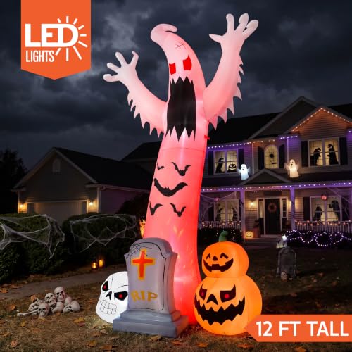 Giant 12FT Spooky Ghost Inflatable Halloween Decoration with Skull Tombstone & Colorful LED Lights - Red Variation