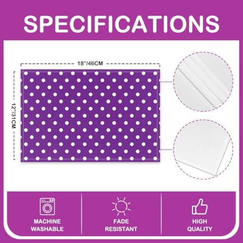 Polka Dot Placemats Set of 4 - 12x18 Inch Table Mats, White Purple Variation