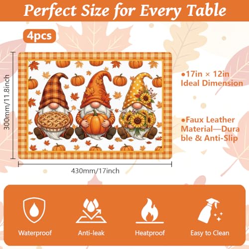 Fall Gnome Faux Leather Placemats Set of 4 - Autumn Decor