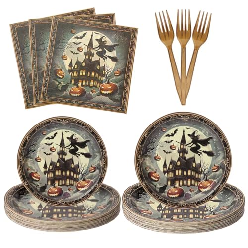 Gold Halloween Party Supplies Set for 25 Guests - Disposable Plates Forks Napkins