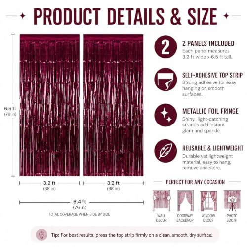 GCB 2-Pack Burgundy Metallic Tinsel Fringe Curtains for Party Backdrop & Door Decor