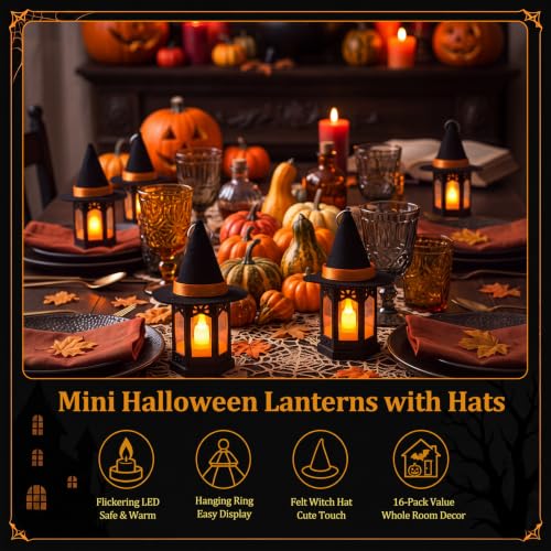 Halloween Mini Lantern and Witch Hat Set with Flickering LED Candles - 16 Pieces