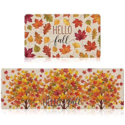 Hello Fall Kitchen Mats Set of 2 - Autumn Maple Leaf Tree Rugs, Var: Autumn Maple