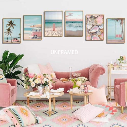 Pink Coastal Beach Wall Art Set - 6 Pieces 12x16in Ocean & Surf Posters for Dorm & Home Decor - Variation: Poster1
