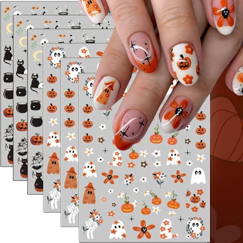 Halloween Nail Stickers Cat Pumpkin Ghost Web 6 Sheets DIY Self-Adhesive Halloween Nail Decals - Style 6