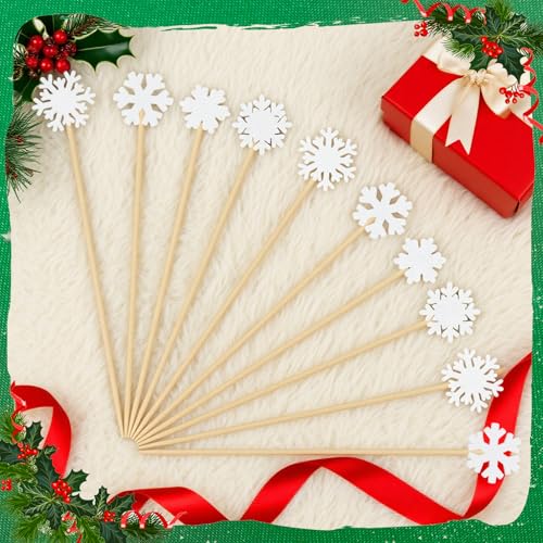Christmas Snowflake Cocktail Picks - White Bamboo Toothpicks for Food & Drinks
