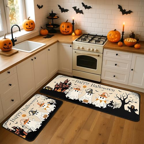 Halloween Ghost Kitchen Rugs Set - Black & White Non-Slip Absorbent Floor Mats, 2-Piece, 17x47 & 17x30 inches - Variation Blackwhite-1