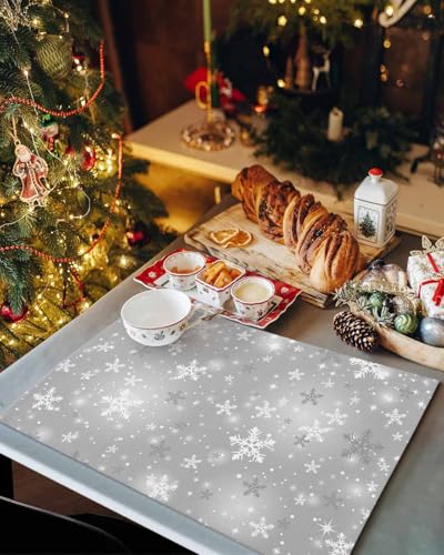 Grey Snowflake Christmas Placemat Set of 4 - Winter Table Decor, Washable Polyester