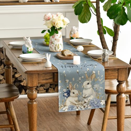 Blue Bunny Rabbit Hydrangea Easter Table Runner 13x48 Inch Spring Home Decor