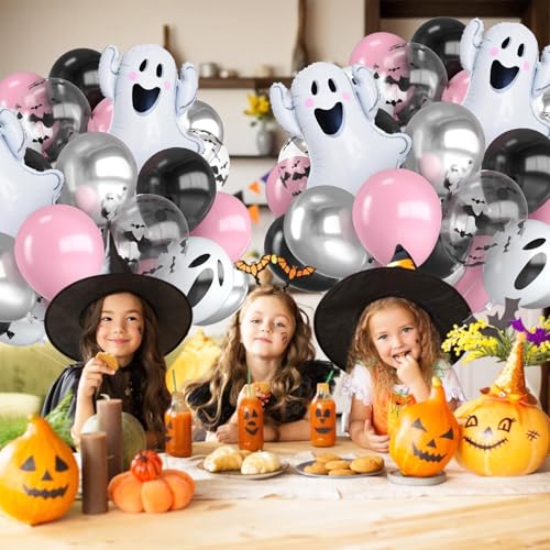 30PC Halloween Balloons Set - Pink Black Silver White Ghost Bat Print with Foil Balloon for Party