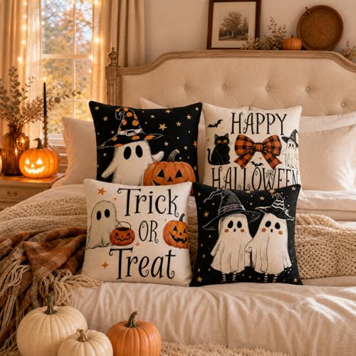 Black Halloween Pillow Covers 20x20 Set of 4 - Spooky Fall Decor