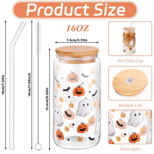 Halloween Ghost Glass Cup with Lid & Straw - Spooky Pumpkin Design - 16oz - Halloween Variation