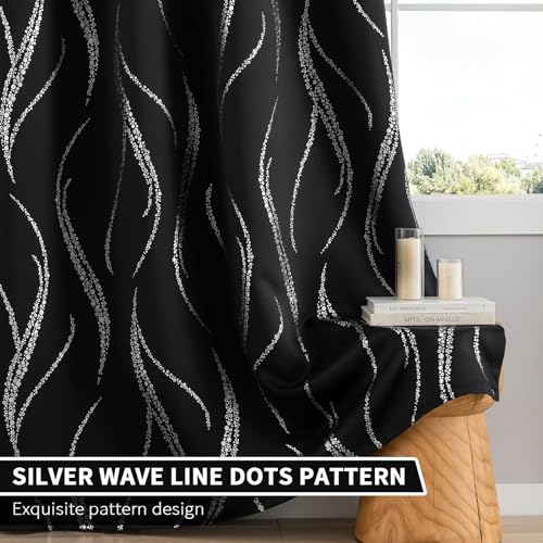 Blackout Curtains with Silver Wave Pattern, 42x72 Inches, Pack of 2 - Room Darkening Drapes for Living Room & Bedroom