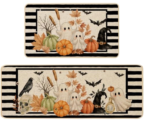 Halloween Kitchen Rugs Set of 2 - Witch Hat Pattern, 17x29 & 17x47 Inches