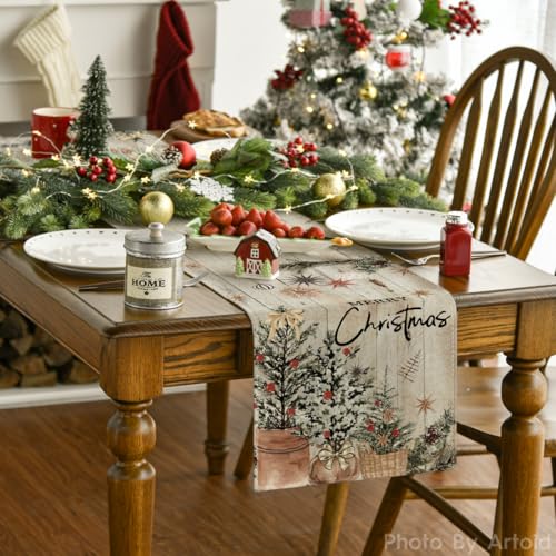 Artoid Mode Holly Pine Cone Xmas Table Runner 13x90 Inch - Wood Variation