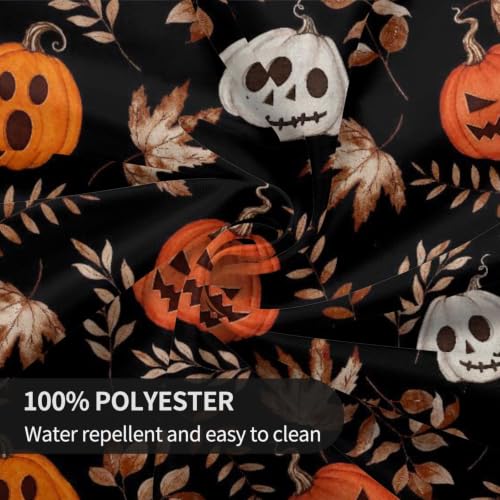 Halloween Round Tablecloth 70 Inch Black & Orange Pumpkin Leaves Decor - Washable & Reusable