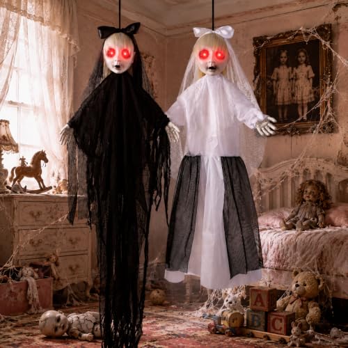 Halloween Hanging Twin Sisters Decorations with LED Eyes & Sound - Black White Twin Haunted Bride