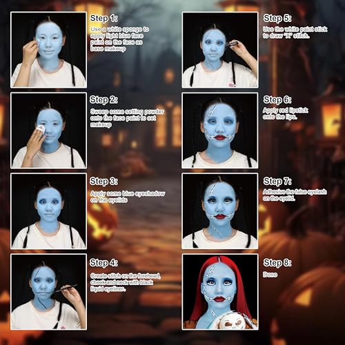 Sally Halloween Makeup Kit - Blue Face Paint, Eyeshadow, Lipstick & Stage Accessories