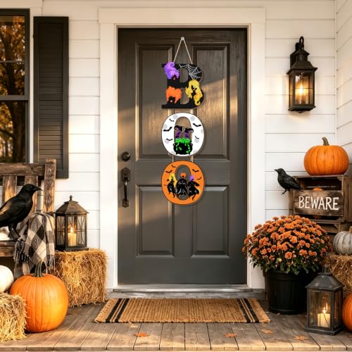 Halloween Wooden Door Sign Decorations - Spooky Witch Sisters, Bat & Cauldron Wall Plaque Set