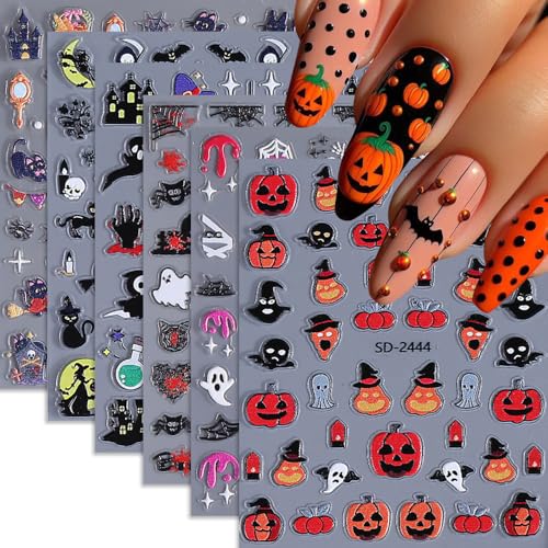 Halloween Nail Stickers - 5D Embossed Owl Witch Ghost Skull Spider Web Design - Style2 - 6 Sheets
