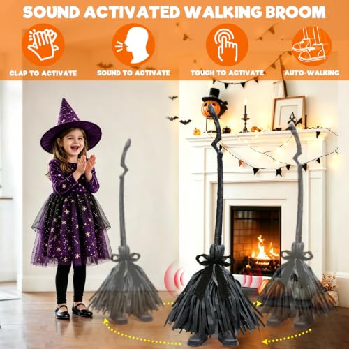 Halloween Animatronic Witch Broom Prop - Sound Activated, 36 Inch Decor