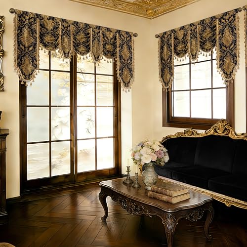 Black Gold Damask Waterfall Valance Curtains - 79W x 41L, Pack of 1