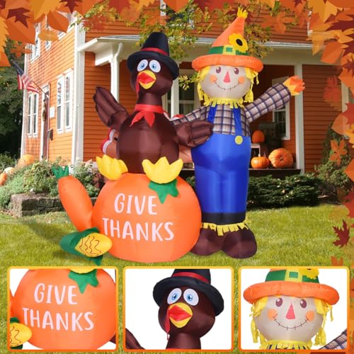 6 Ft Outdoor Thanksgiving Inflatable Turkey and Scarecrow Decor