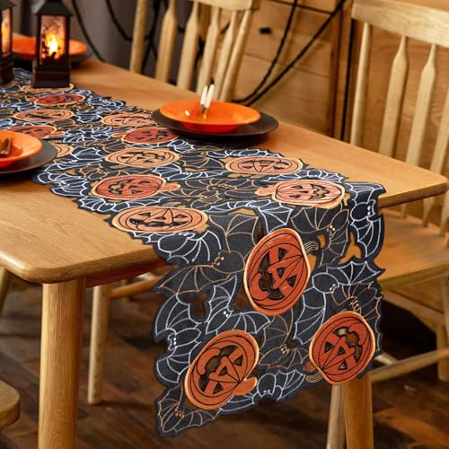 Halloween Table Runner 16x90 Inches Embroidered Pumpkin & Bat Design - Spooky Decor