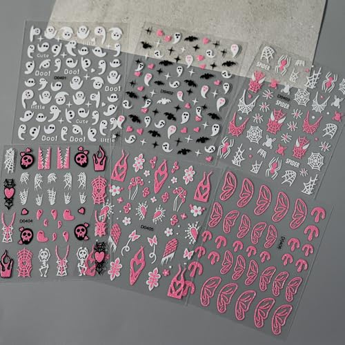 Halloween Pink Glitter Nail Art Stickers Ghost Bat Spider Flame 6 Sheets - Variation 7