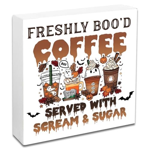 Halloween Coffee Bar Sign Wooden Decor - Ghost & Fall Theme, Indoor Kitchen Accent