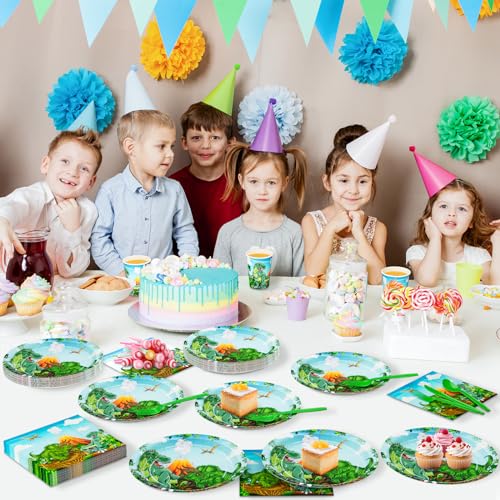 Dinosaur Party Supplies Set for Kids - Plates, Napkins, Cups & Cutlery, Serves 24