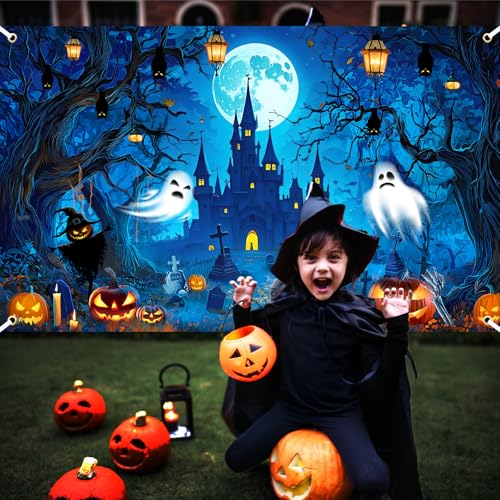 Avezano Halloween Horror Moon Castle Banner 6x3.6ft - Spooky Backdrop for Parties