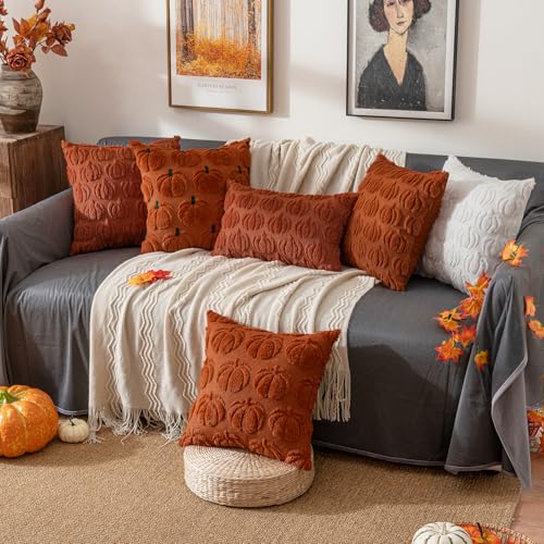 ANRODUO Fall Decorations Pillow Covers 18x18 Set of 2 Dark Rust Pumpkin Embroidered