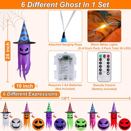 Halloween Hanging Ghost Decorations with Lights - Outdoor Indoor Decor Set 6 pcs