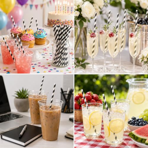Black Striped Paper Drinking Straws - 100 Pack for Weddings & Parties