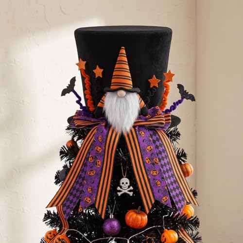 Halloween Tree Topper Hat - Gnome Pumpkin Ribbon Decoration, Foldable, 8.3x9 in