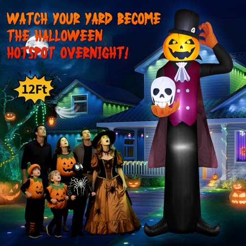 12FT Outdoor Halloween Inflatable Pumpkin Ghost Vampire with LED Lights - Spooky Yard Decoration