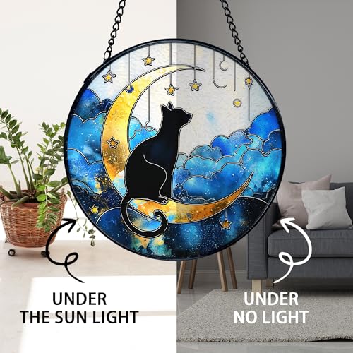 Black Cat on Moon Stained Glass Window Hanging - Celestial Sun Catcher, 7.9 Inches