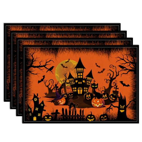 Halloween Placemats Set of 4 - Orange Castle 12x18 Inch Rectangular Table Decor
