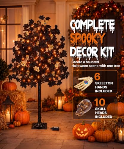 5FT Halloween Lighted Tree with Skull & Skeleton Decor, Dimmer & Timer