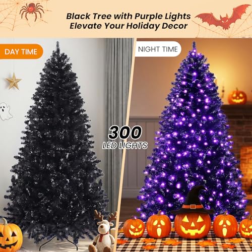 Black 6ft Artificial Christmas Tree with Purple LED Lights, Full Branch Tips & Metal Stand - Halloween & Holiday Decor