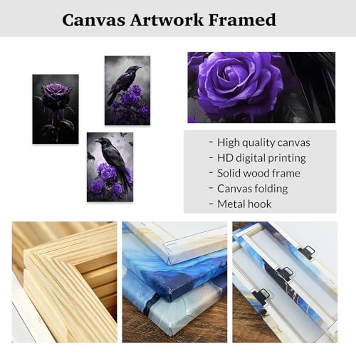 Purple Gothic Canvas Wall Art Set of 3 Crow and Rose Prints 11x14 Framed Halloween Decor