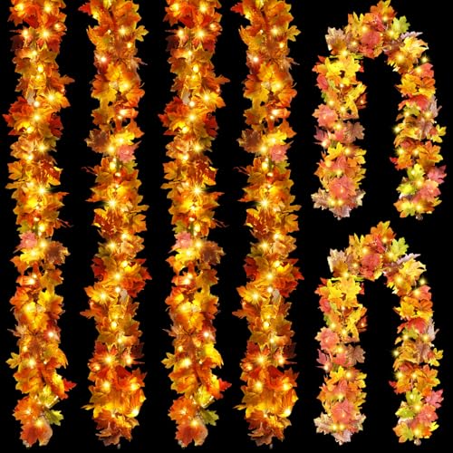 6 Pack Fall Garland with Lights - 5.9Ft Artificial Autumn Leaves Decor with LED String for Indoor Outdoor Halloween Thanksgiving