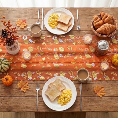 6-Pack Fall Gauze Table Runners 28x120 Inch with Metallic Foil Leaves - Orange Gold