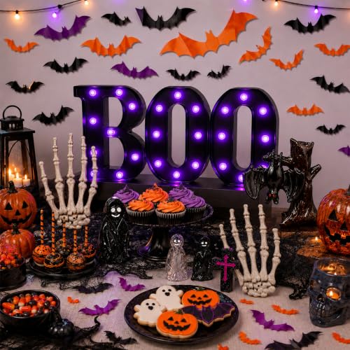 Halloween Decorations Set with LED Boo Lights, 3D Bats & Skeleton Hands - Indoor Festive Display