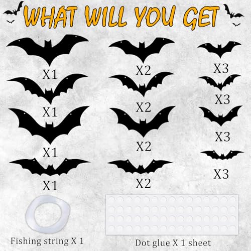 Halloween Bat Decorations Set - 24 Hanging & Wall Bats for Indoor Outdoor Spooky Decor
