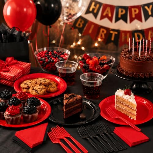 Red and Black Disposable Paper Dessert Plate & Napkin Set for Parties