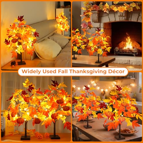 24-Inch Fall Maple Tree Lights Set with Pumpkin Ornaments - Battery & USB Powered Decor